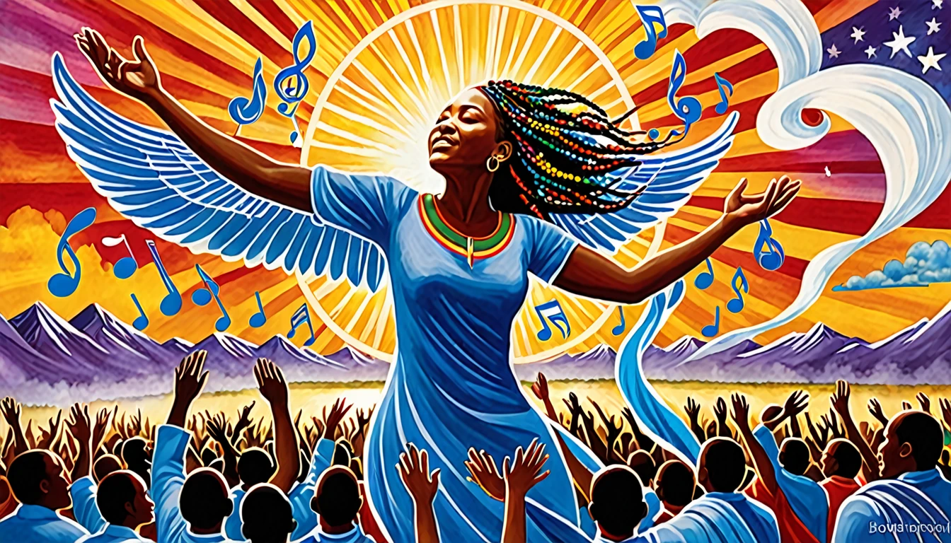 Create an image that captures the elements of resilience and hope in the face of war. Include symbolic images of unity, music as a healing force, and a vision of a peaceful future emerging from conflict. The image must convey the uplifting spirit of collective healing through music.