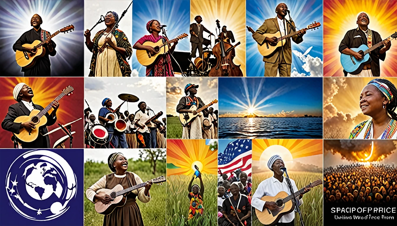 Create an image that captures the elements of resilience and hope in the face of war. Include symbolic images of unity, music as a healing force, and a vision of a peaceful future emerging from conflict. The image must convey the uplifting spirit of collective healing through music.