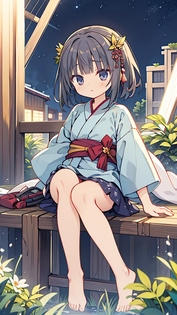 Night Sky、ruins、Sitting、Larger background、yukata、no panties、pussy、Leg spread、