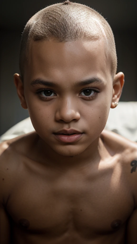 3 years old ??? looking like the singer chris brown, shaved head ,cinematic light