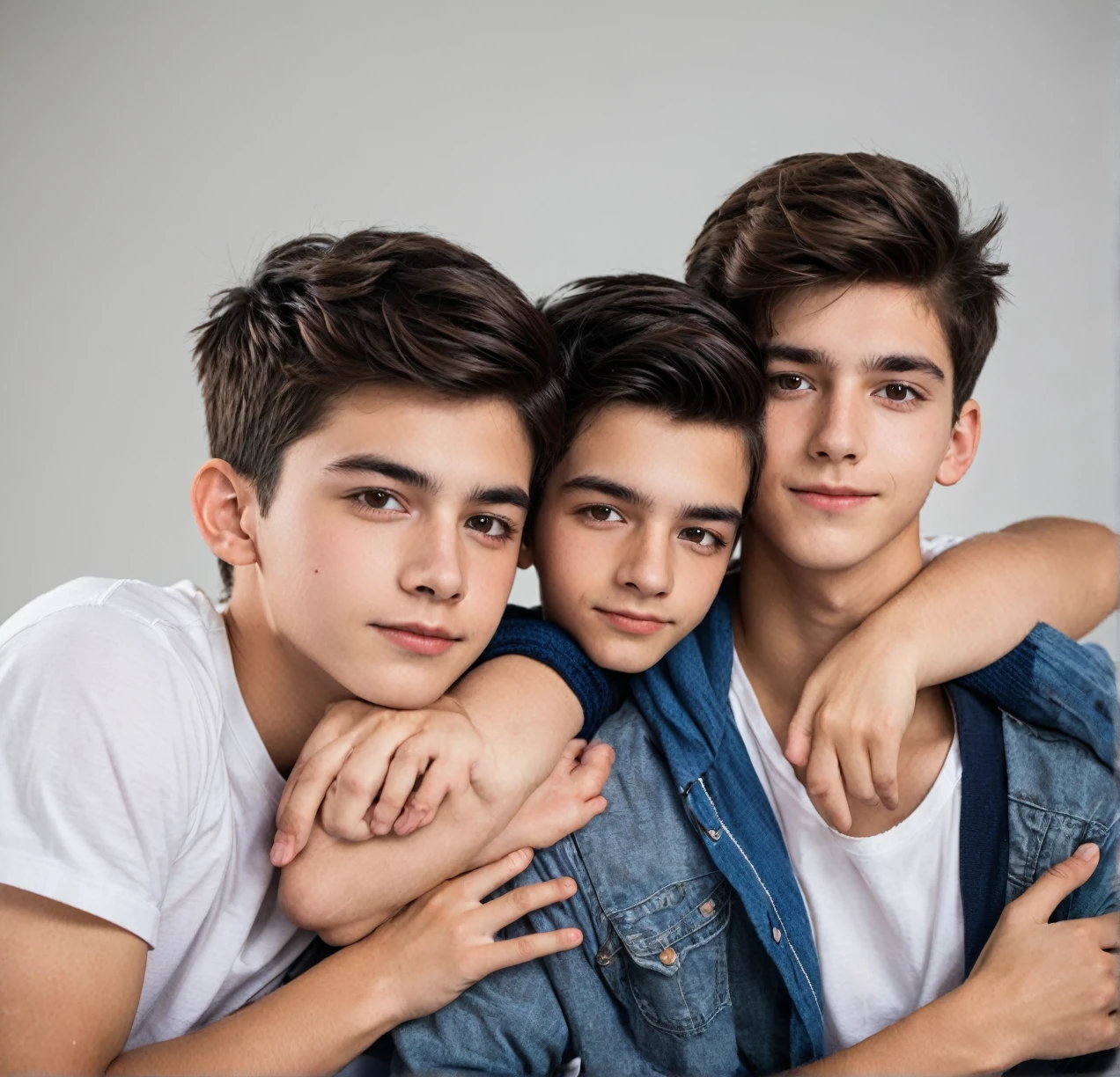 3 different cute male teenagers cuddling together