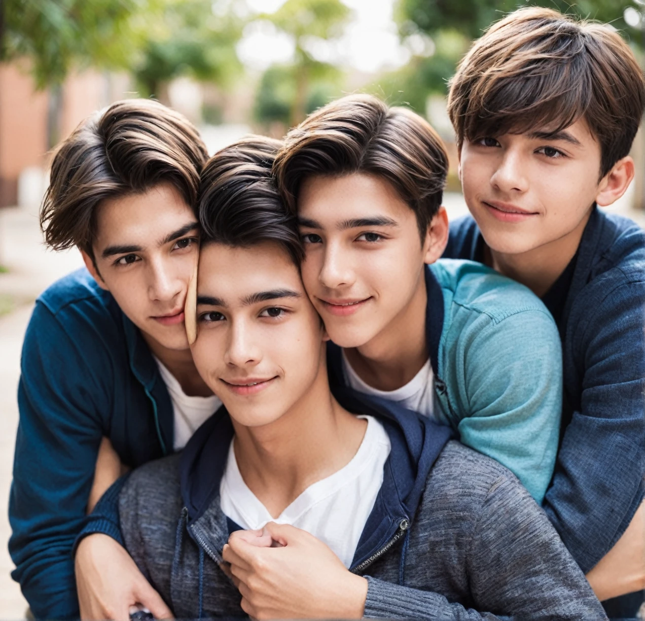 3 different cute male teenagers cuddling together