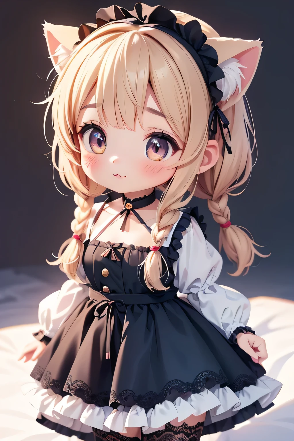Highest quality、High resolution、Detailed Background、(Beautiful face in every detail:1.4)、Anatomically correct、(Detailed eyes:1.2)、Teenage Girl、Highly detailed face、cute hair color、Braided bob cut、Braided Ponytail、Braided twin tails、(Huge breasts:1.2)、Perfect body line、Accentuate your breasts、Accentuate your cleavage、Cute gestures、Cat ear、Cat Eyes、(cute cat paw pose:1.2)、kitten、
Dresses and skirts with frills and lace、Dark colors such as black and red、Add lace to the sleeves, hem of the skirt, neckline, etc.、Lace gloves and ribbons、Crown-shaped headdress、Cross Accessories、Black lace socks or fishnet tights、
Choose boots with lace or ribbon decorations or thick soles.、(A girl with cat ears and a kitten looking at me with big smiles:1.5)、cute