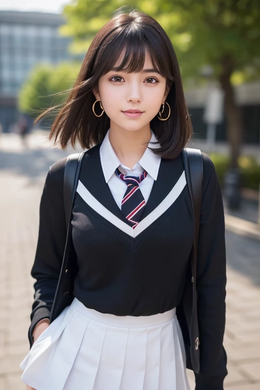 girl, White skin, Dark brown short tiered hair, V cut with layers and bangs, Brown eyes, Soft atmosphere characteristics (Highest quality, Ultra-high resolution, 8K, RAW Photos, Ultra-high resolution: 1.2, masterpiece: 1.3), (Realistic, Realistic: 1.37), Very detailed, Professional Lighting, Photon Mapping, Radio City, Physically Based Rendering, Japanese, One Girl, alone, high school girl,Black Hair, Sharp focus:1.2、Beautiful woman:1.4,cute, Nice, Adorable, A light smile, Normal chest, high school girl,School,Earrings,On campus,((日本の女子高等Schoolの制服))