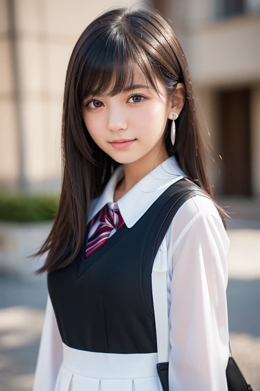 girl, White skin, Dark brown short tiered hair, V cut with layers and bangs, Brown eyes, Soft atmosphere characteristics (Highest quality, Ultra-high resolution, 8K, RAW Photos, Ultra-high resolution: 1.2, masterpiece: 1.3), (Realistic, Realistic: 1.37), Very detailed, Professional Lighting, Photon Mapping, Radio City, Physically Based Rendering, Japanese, One Girl, alone, high school girl,Black Hair, Sharp focus:1.2、Beautiful woman:1.4,cute, Nice, Adorable, A light smile, Normal chest, high school girl,School,Earrings,On campus,((日本の女子高等Schoolの制服))