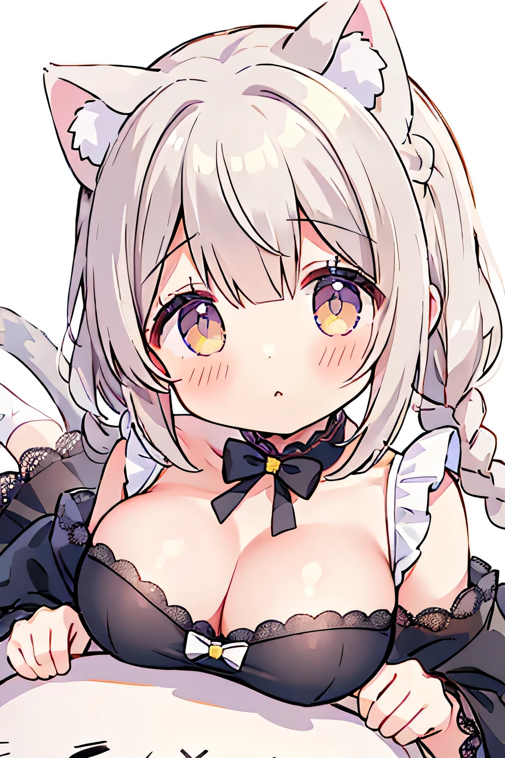 Highest quality、High resolution、Detailed Background、(Beautiful face in every detail:1.4)、Anatomically correct、(Detailed eyes:1.2)、 Girl、Highly detailed face、cute hair color、Braided bob cut、Braided Ponytail、Braided twin tails、(Huge breasts:1.2)、Perfect body line、Accentuate your breasts、Accentuate your cleavage、Cute gestures、Cat ear、Cat Eyes、(cute cat paw pose:1.2)、kitten、
Dresses and skirts with frills and lace、Dark colors such as black and red、Add lace to the sleeves, hem of the skirt, neckline, etc.、Lace gloves and ribbons、Crown-shaped headdress、Cross Accessories、Black lace socks or fishnet tights、
Choose boots with lace or ribbon decorations or thick soles.、(A girl with cat ears and a kitten looking at me with big smiles:1.5)、cute