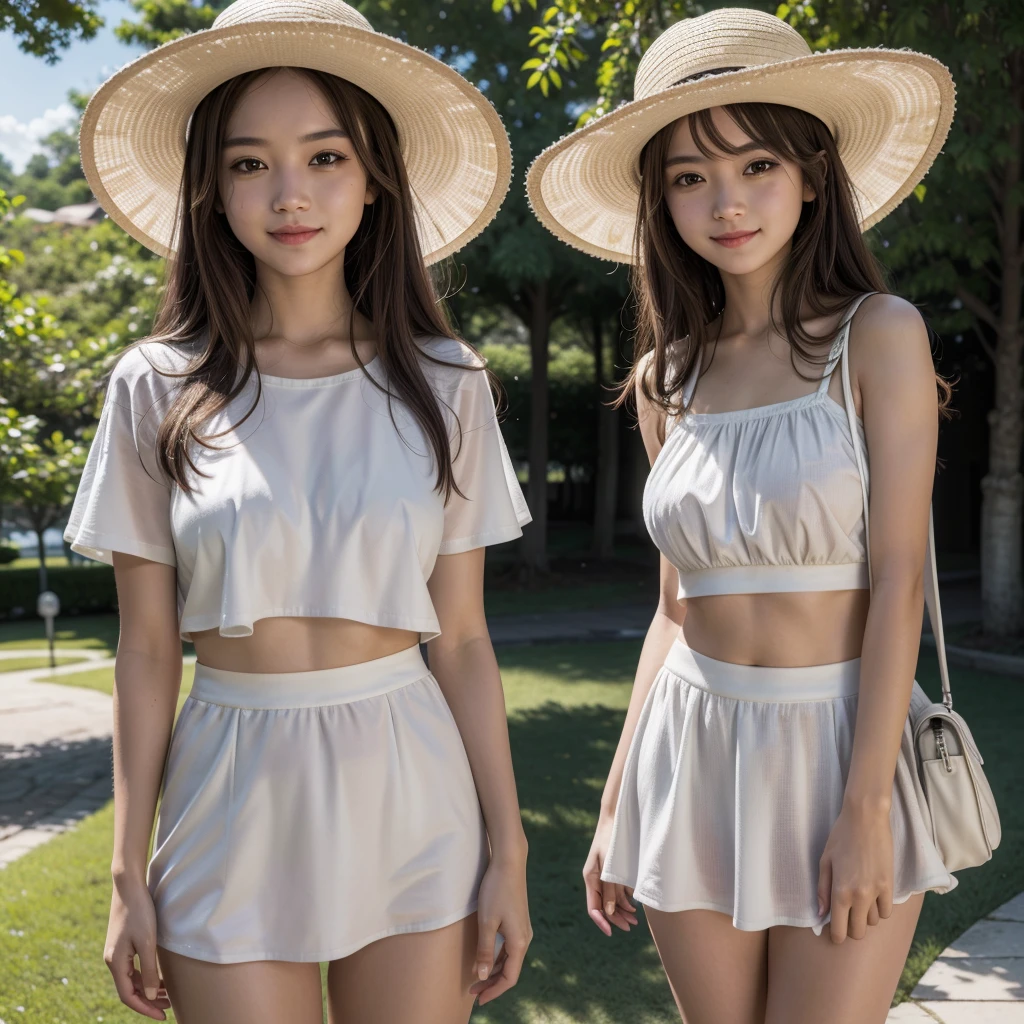 A cute girl, perfect face, beautifull  girl,14 years oldy body, slim body, white skin, masterpiece, textured skin, super detail, high details, high quality, 8k, standing split pose, road night background, side lighting to face, [standing split pose] dress, wearing a white hat, wearing a sun glasses, cute lips, small and cutest lips, at night, wearing a white shoes, bangs hair style, open top, small skirt, wearing a ears rings, little smile, night time.