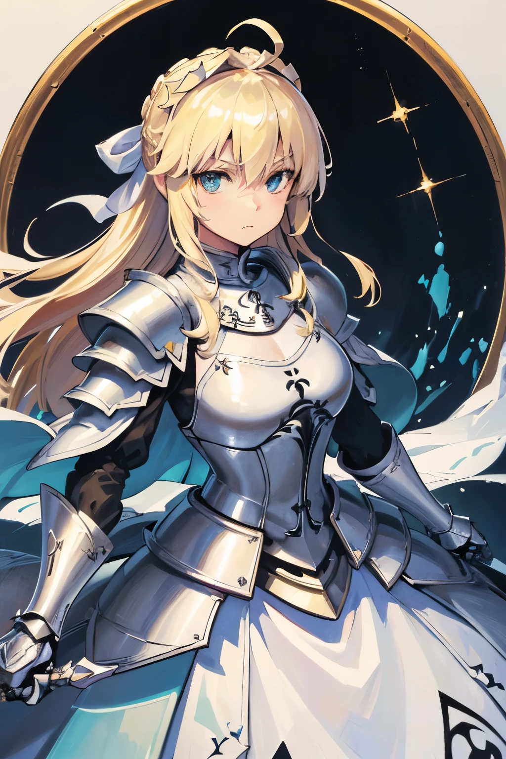 (masterpiece:1.2), (Absurd), (Detailed face),(Fine grain), (Highest quality) (Traditional Media:1.2)  , (White background), Upper Body, (Expressionless),  Artoria_Pendragon_(destiny), Things to know, armor, Blonde, Gauntlet, Green Eyes, Hair Ribbon, armored dress, Ahoge, Blue clothes,