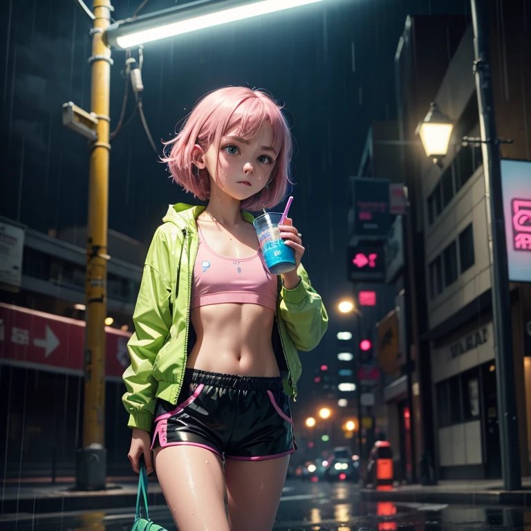 (masterpiece), (best quality), (high res) Solo, (perfect anatomy), (young girl (), fair skin, pink hair (shoulder length), green eyes, (blue high sport shoes), (jacket), (shorts), tired, (((flat chest))), in a futuristic setting with a green light, annoyed, cyberpunk, (drinking water), best anime 4k, cybersuits, walking down the street, (during a storm), (at night), (wet), (rain), (night)