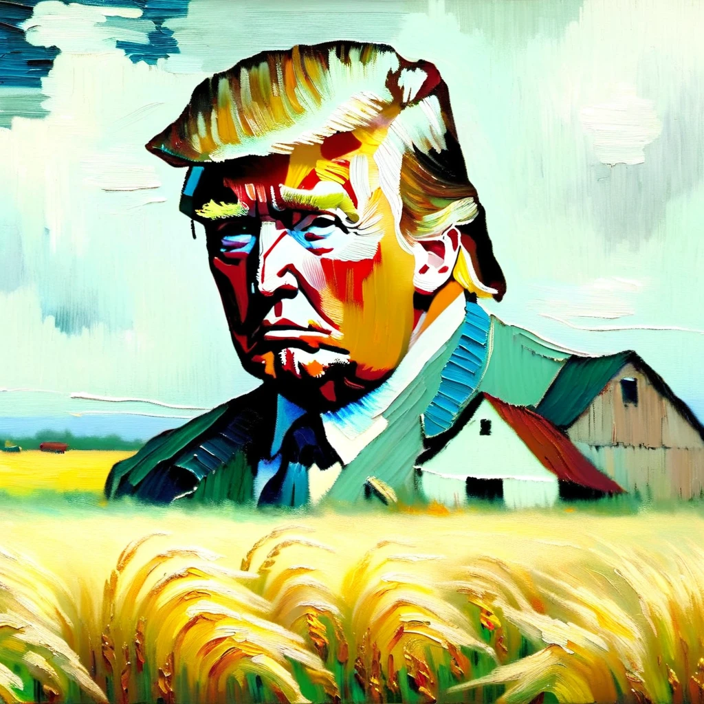 v0ng44g,  p0rtr14t,  soft, blurry oil painting portrait of a close-up photo of a (((Donald Trump por Van Gogh))),  farm field backdrop heavy brush strokes,  por Van Gogh,