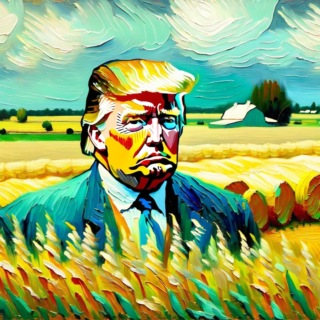 v0ng44g,  p0rtr14t,  soft, blurry oil painting portrait of a close-up photo of a (((Donald Trump por Van Gogh))),  farm field backdrop heavy brush strokes,  por Van Gogh,