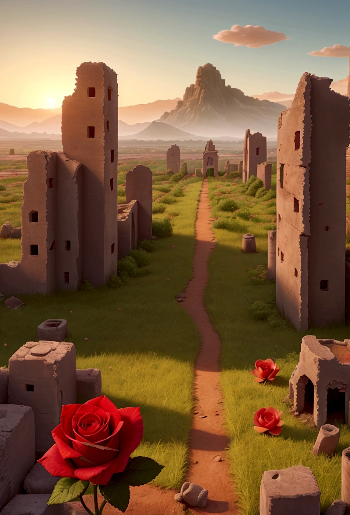 a devastated landscape, where only a rose remained alive, a small clearing stood out with its green lawn intact. ao redor, the rubble of an ancient abandoned city contrasted with the serenity and fragility of the only flower that still survived, its vibrant petals amid the desolate landscape of ruins and disorder. The setting sun cast a soft light on the scene., magnifying the lonely beauty of that lonely rose