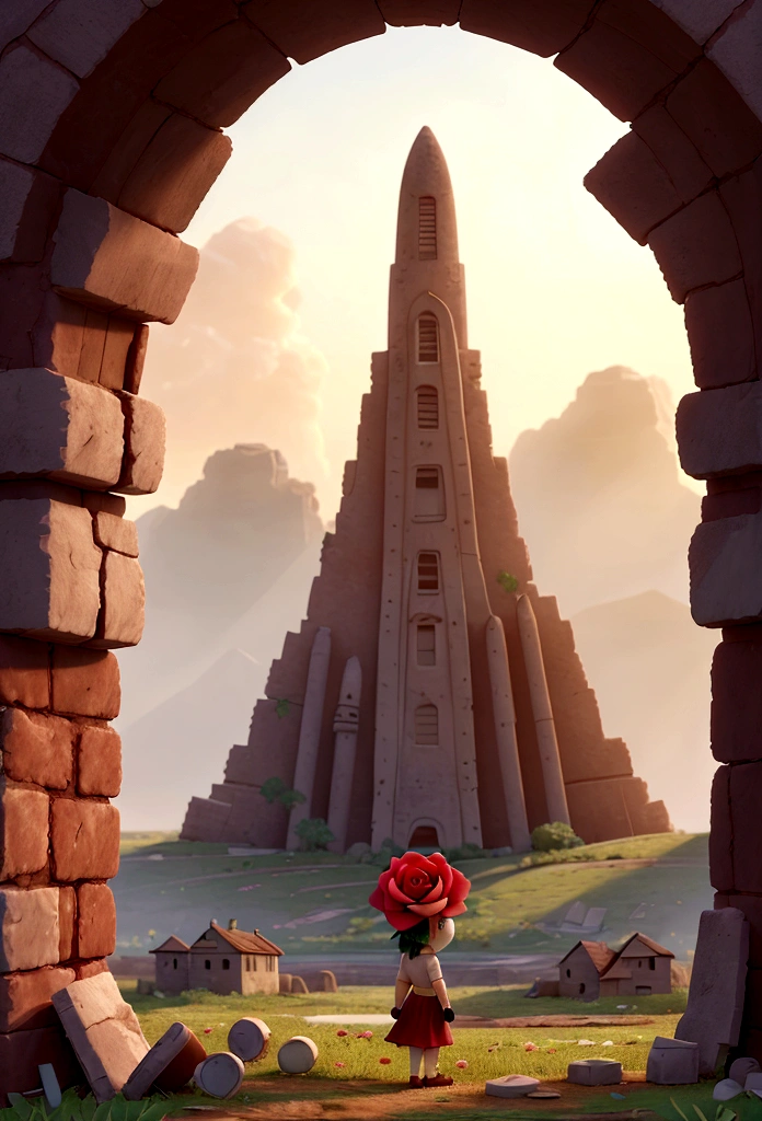 a devastated landscape, where only a rose remained alive, a small clearing stood out with its green lawn intact. ao redor, the rubble of an ancient abandoned city contrasted with the serenity and fragility of the only flower that still survived, its vibrant petals amid the desolate landscape of ruins and disorder. The setting sun cast a soft light on the scene., magnifying the lonely beauty of that lonely rose