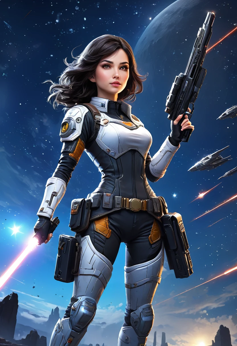 ((masterpiece, best quality)), (1woman), (solo), (female focus),(very detailed face, real image, realistic white skin, realistic body, intricate details), upper body, serious , brown eyes, looking at the viewer, black hair, medium breasts, starry night, moon, Blaster on her utility belt spaceships flying and shooting lasers, Background is full of the night sky battle