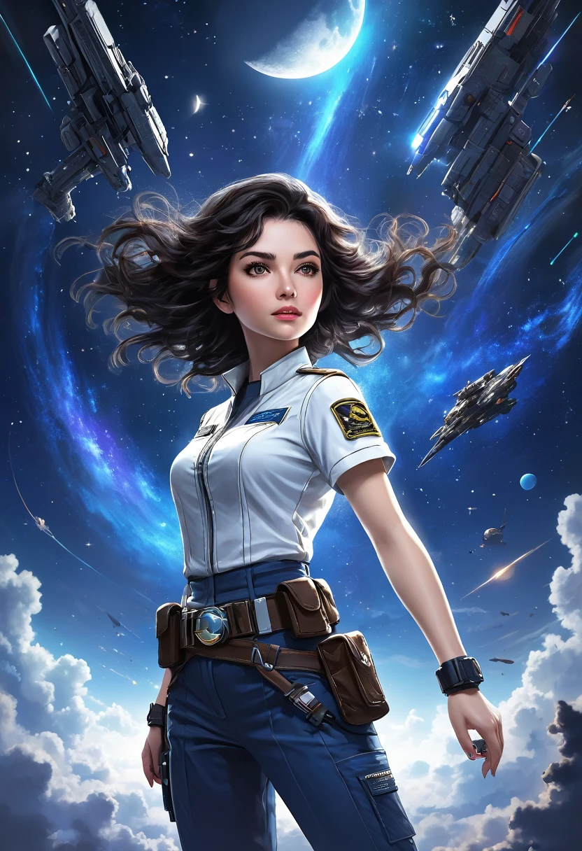 ((masterpiece, best quality)), (1woman), (solo), (female focus),(very detailed face, real image, realistic white skin, realistic body, intricate details), upper body, serious , brown eyes, looking at the viewer, black hair, medium breasts, starry night, moon, Blaster on her utility belt spaceships flying and shooting lasers, Background is full of the night sky battle