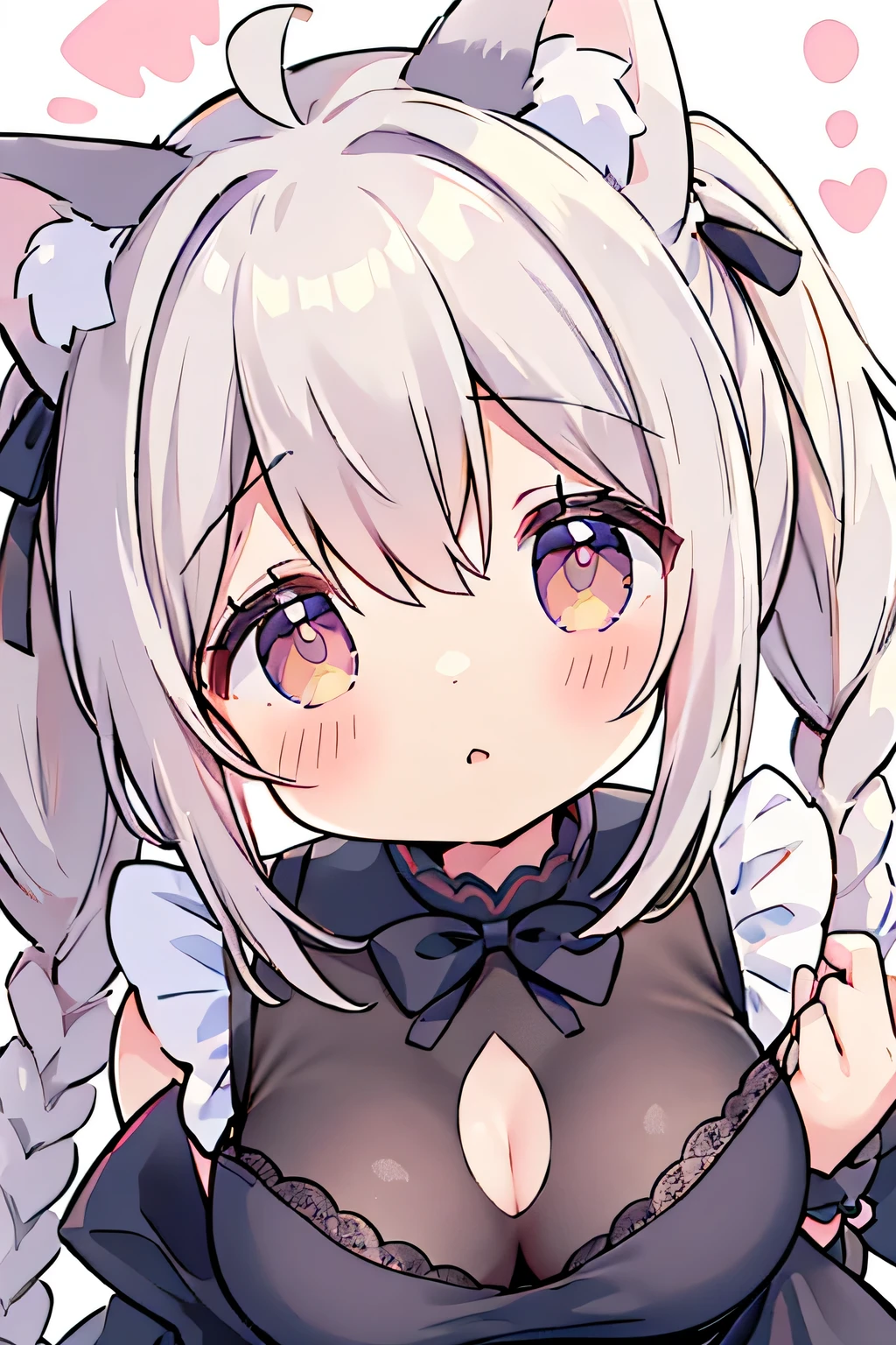 Highest quality、High resolution、Detailed Background、(Beautiful face in every detail:1.4)、Anatomically correct、(Detailed eyes:1.2)、Teenage Girl、Highly detailed face、cute hair color、Braided bob cut、Braided Ponytail、Braided twin tails、(Huge breasts:1.2)、Perfect body line、Accentuate your breasts、Accentuate your cleavage、Cute gestures、Cat ear、Cat Eyes、(cute cat paw pose:1.2)、kitten、
Dresses and skirts with frills and lace、Dark colors such as black and red、Add lace to the sleeves, hem of the skirt, neckline, etc.、Lace gloves and ribbons、Crown-shaped headdress、Cross Accessories、Black lace socks or fishnet tights、
Choose boots with lace or ribbon decorations or thick soles.、(A girl with cat ears and a kitten looking at me with big smiles:1.5)、cute
