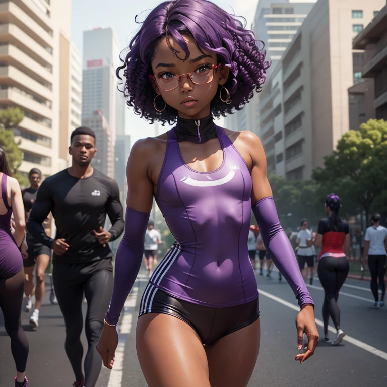 (masterpiece), (best quality), (high res) Solo, (perfect anatomy), (young girl ((10 years old)), ((((dark skin)))), (((curly purple hair))), (((shoulder length)))), red eyes, round eyeglasses, ((skin tight training outfit), (red skin tight high heels boots), (skin tight mini shorts), (super skin tight shorts), angry, ((((flat chest)))), in a futuristic setting with a red light, cyberpunk, best anime 4k, jogging in a park