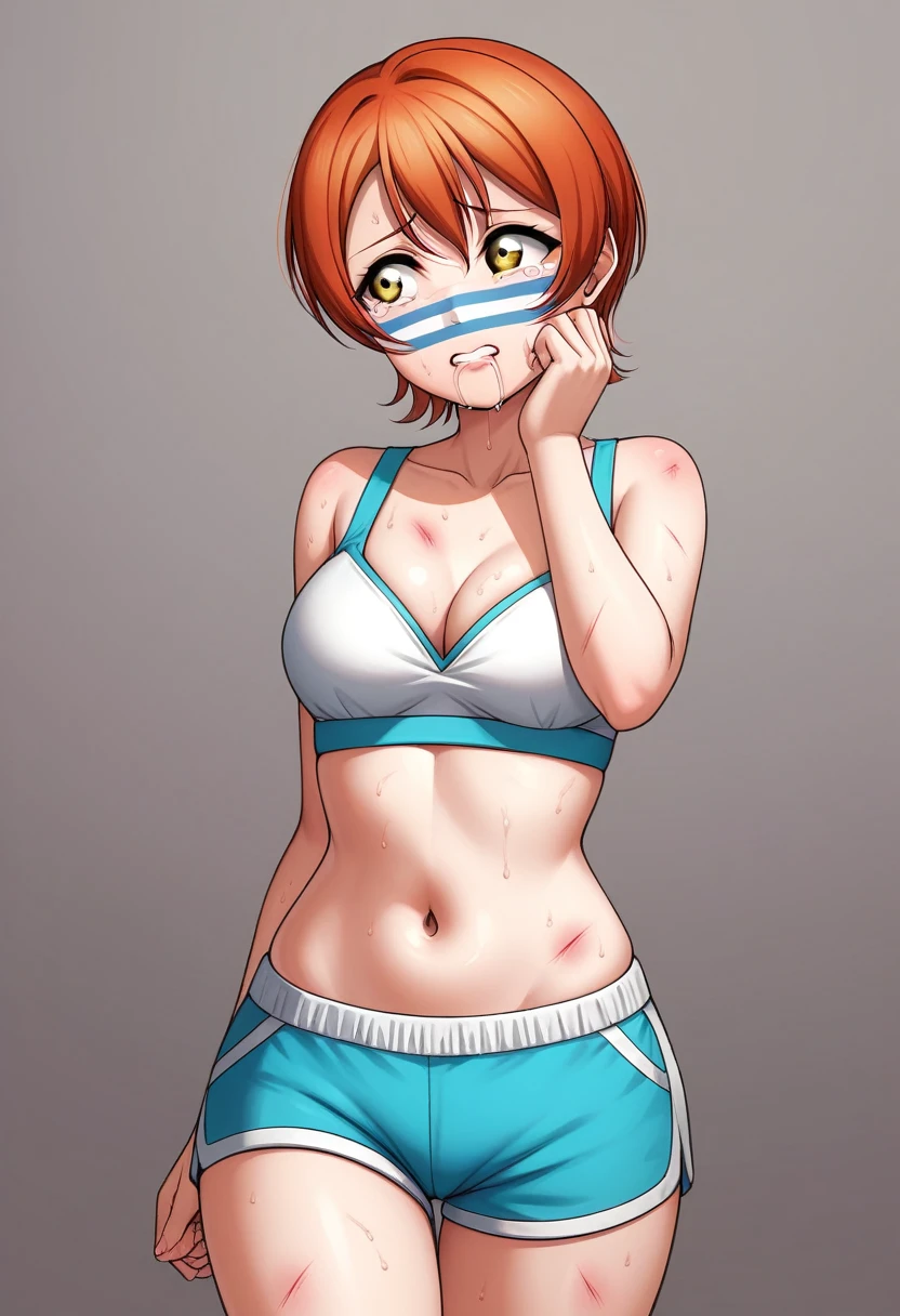 Masterpiece, sksrin, beautiful , facial details, 8k wallpaper, Rin Hoshizora Love Live, short hair, white gym bra, micro shorts , wrestling outfit,(lipstick:0.8), (face paint), defeated, beaten up, moist skin,thin waist ,short girl, skindentation , looking away, swelling bruises in face ,sad, drooling , unadjusted clothes, tears in eyes
