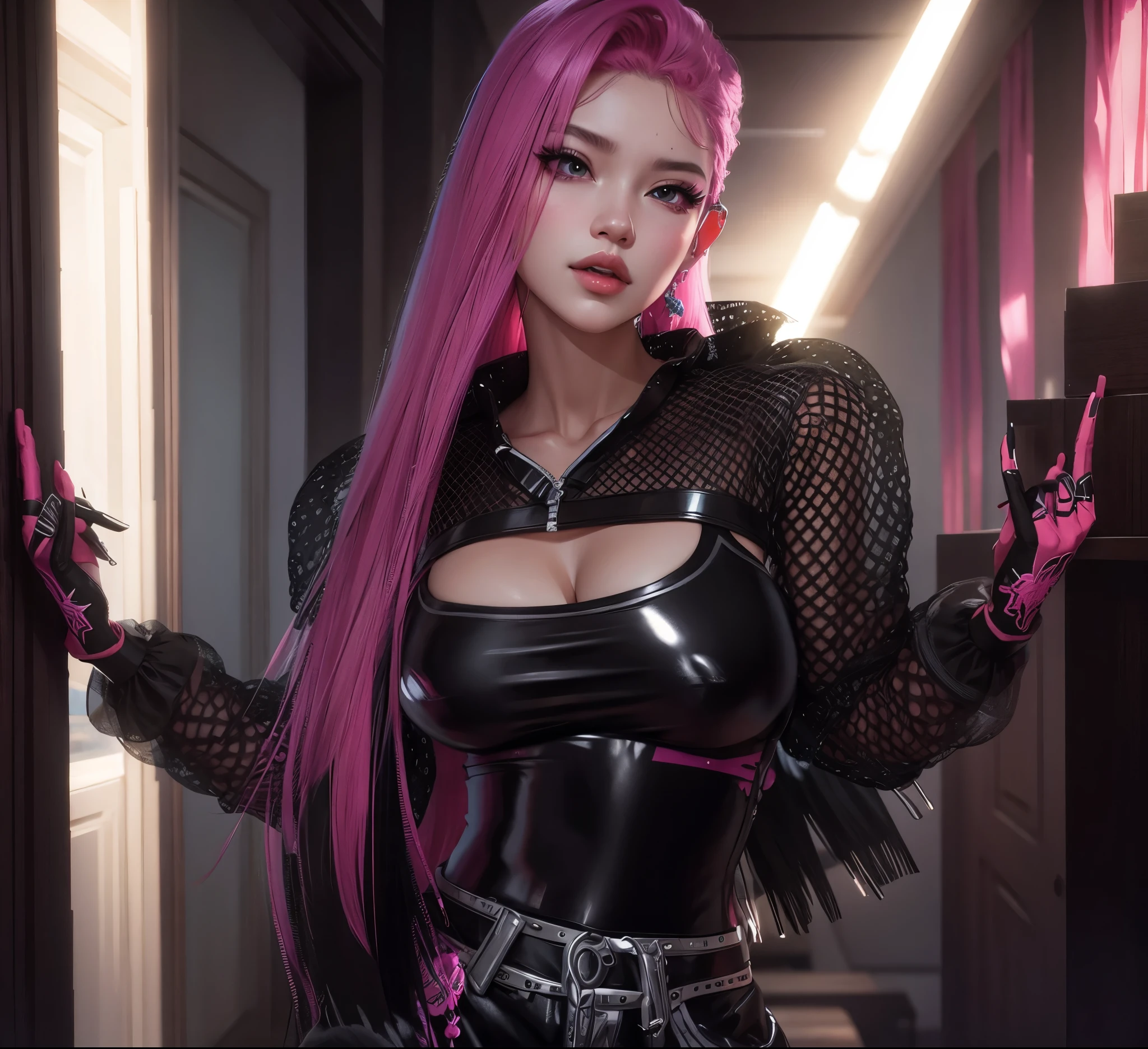 AVATAR SECOND LIFE Korean girl wearing a black blouse, Asian, pink long hair, pink  hair,, Perfect and detailed face, imvu, maximalist details, AVATAR SECOND LIFE Korean blusa , neon, 