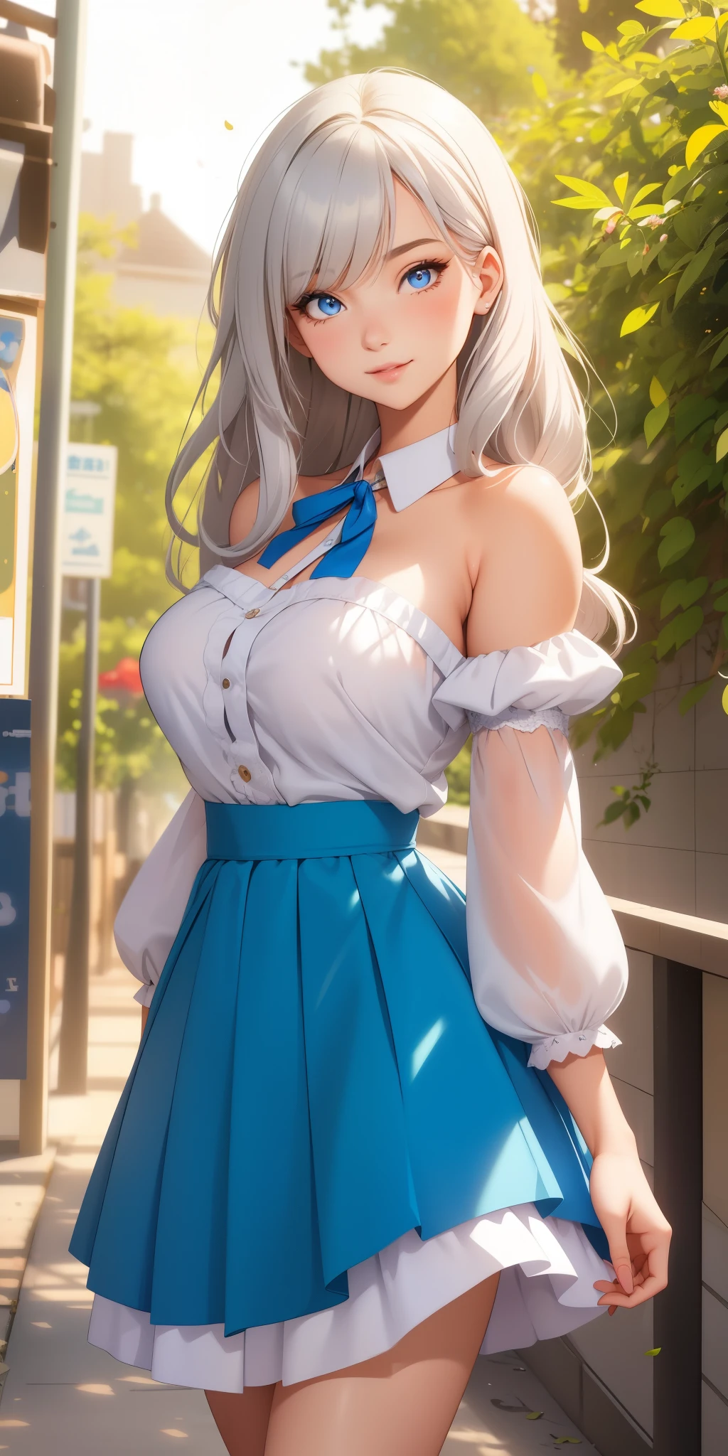 best quality, ultra-detailed, photorealistic: 1.39), bright and vibrant colors, studio lighting, romantic expression, seductive, Alice is a beautiful girl with medium round breasts, Alice is cute with wavy silver hair, sparkle in her eyes, Alice is very charming with a mischievous blue look and shy smile, but for suffering a lot of judgment and bullying from other girls and many people. She is sometimes charming. Alice is 27 years old and has the face of an adult woman in love. Alice has beautiful romantic lips, Alice is secretly in love with you but is afraid to approach and talk to you. Alice: *I wonder if he will judge me*. I'll talk to him? Beautiful woman, sensual blouse, beautiful and shiny puff sleeve blouse, cute details in the hair, and stylish skirt, trees in the distance, beautiful and sensual pose, Alice is near the store, standing leaning pose, cute pose and delicate cherry petals