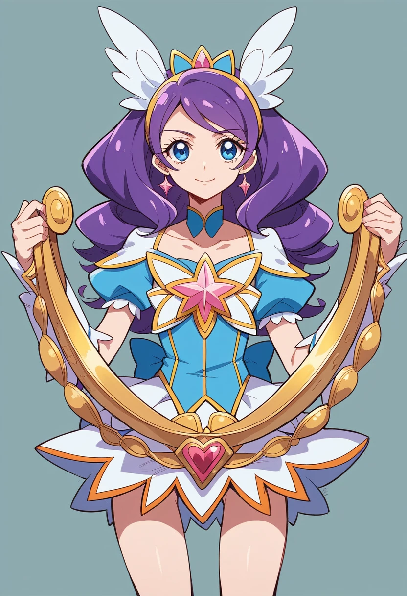 official style, cure earth, fuurin asumi, healin' good precure, very aesthetic, best quality, intricate, overall detail, 1 girl, magical girl, purple hair, blue eyes, battle costume, harp, standing, light smile, simple background, facing the front, straight-on, cowboy shot, face focus, intricate, hyper-detailed, 100-layer, amazing quality, excellent, {{{{ultra-high resolution}}}}, {{{hi-vision anime}}},