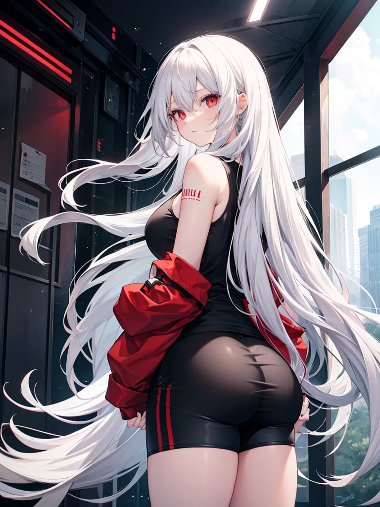 Girl , tall,long white hair , red eyes ,Big , thunder thighs, big ass, black shorts ,black tanktop , Forest backround