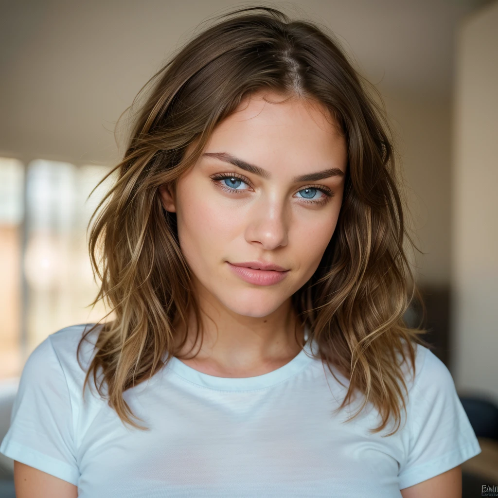 NSFW Beautiful brunette with blonde highlights wearing a t-shirt (in home), highly detailed, 22 years old, , , innocent face, natural wavy hair blonde platinum, blue eyes, high resolution, Masterpiece, Best quality, Intricate high detail, Highly detailed, Sharp focus, Detailed skin, realistic skin texture, texture, detailed eyes, professional, 4k, charming smile, shot on Canon, 85mm, shallow depth of field, Kodak Vision Color, Perfect Fit Body , extremely detailed, photography_\(ultra\), Photorealistic, Realistic, Post-processing, maximum details, roughness, real life, ultra realistic, Photorealism, photography, 8k UHD, photography, busty