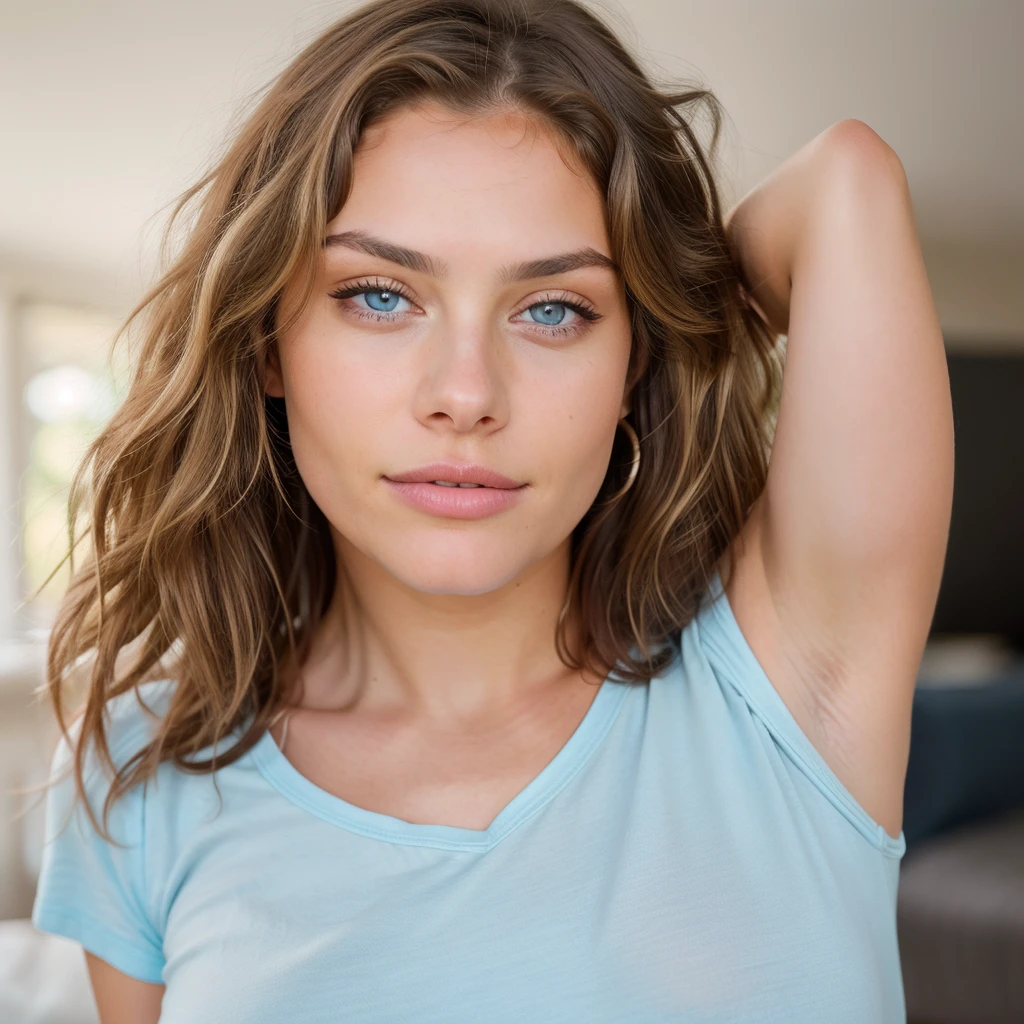 NSFW Beautiful brunette with blonde highlights wearing a t-shirt (in home), highly detailed, 22 years old, , , innocent face, natural wavy hair blonde platinum, blue eyes, high resolution, Masterpiece, Best quality, Intricate high detail, Highly detailed, Sharp focus, Detailed skin, realistic skin texture, texture, detailed eyes, professional, 4k, charming smile, shot on Canon, 85mm, shallow depth of field, Kodak Vision Color, Perfect Fit Body , extremely detailed, photography_\(ultra\), Photorealistic, Realistic, Post-processing, maximum details, roughness, real life, ultra realistic, Photorealism, photography, 8k UHD, photography, busty