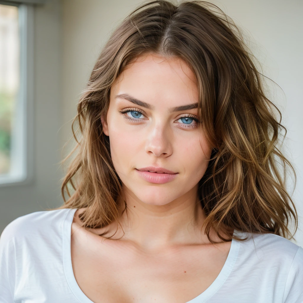 NSFW Beautiful brunette with blonde highlights wearing a t-shirt (in home), highly detailed, 22 years old, , , innocent face, natural wavy hair blonde platinum, blue eyes, high resolution, Masterpiece, Best quality, Intricate high detail, Highly detailed, Sharp focus, Detailed skin, realistic skin texture, texture, detailed eyes, professional, 4k, charming smile, shot on Canon, 85mm, shallow depth of field, Kodak Vision Color, Perfect Fit Body , extremely detailed, photography_\(ultra\), Photorealistic, Realistic, Post-processing, maximum details, roughness, real life, ultra realistic, Photorealism, photography, 8k UHD, photography, busty