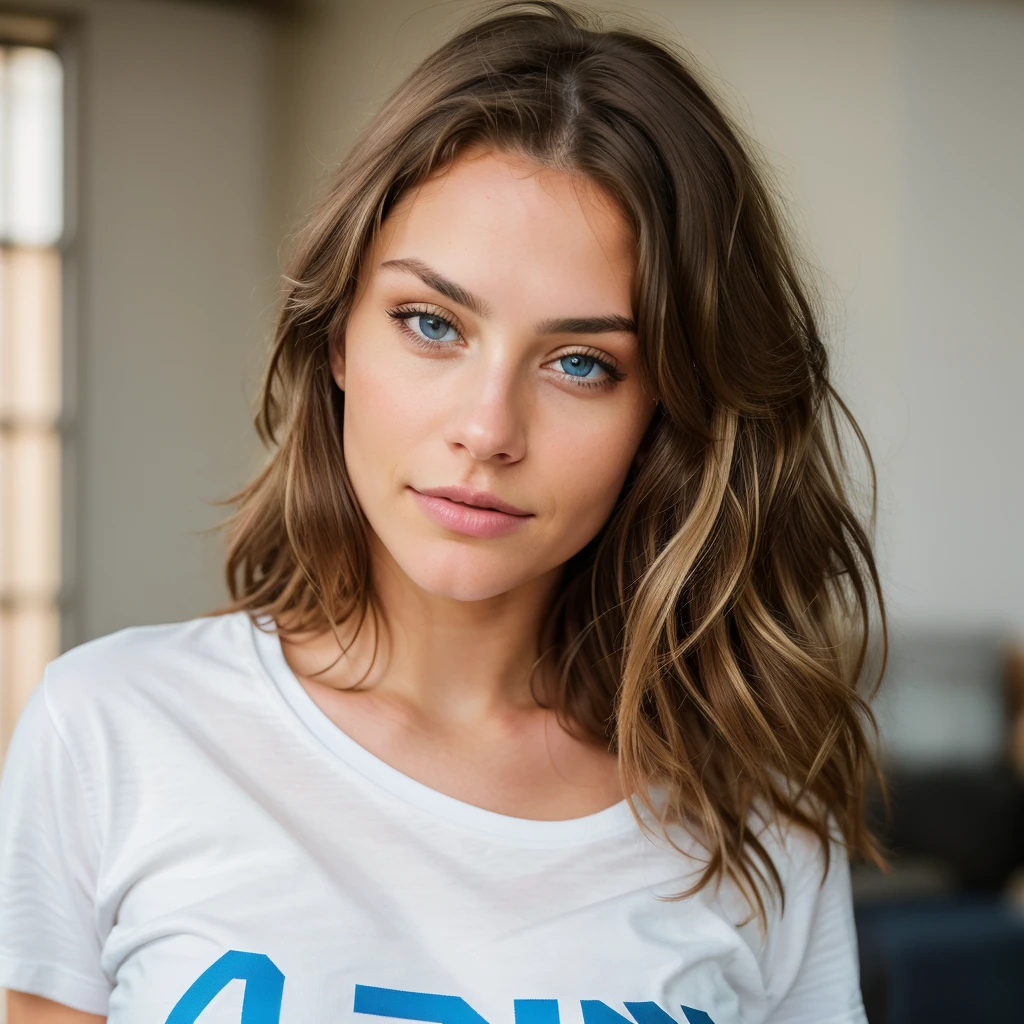 NSFW Beautiful brunette with blonde highlights wearing a t-shirt (in home), highly detailed, 22 years old, , , innocent face, natural wavy hair blonde platinum, blue eyes, high resolution, Masterpiece, Best quality, Intricate high detail, Highly detailed, Sharp focus, Detailed skin, realistic skin texture, texture, detailed eyes, professional, 4k, charming smile, shot on Canon, 85mm, shallow depth of field, Kodak Vision Color, Perfect Fit Body , extremely detailed, photography_\(ultra\), Photorealistic, Realistic, Post-processing, maximum details, roughness, real life, ultra realistic, Photorealism, photography, 8k UHD, photography, busty