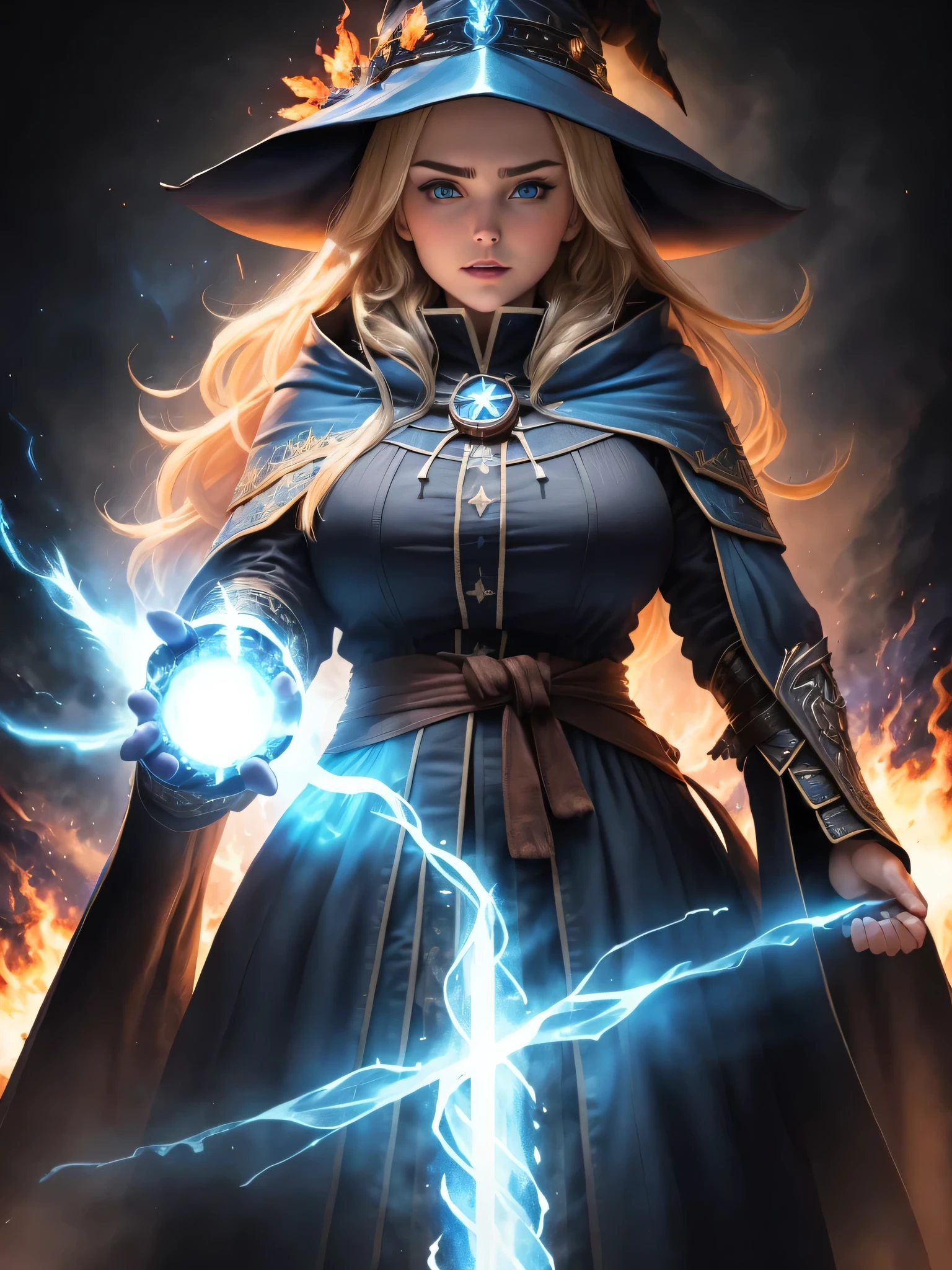 MAGE is burning all darkside content, But she doesn't realize the flames are lighting her own clothes, over size, tall and big woman, 1womanl, cute, straight blonde hair, blue colored eyes, magician's cloak, witch's hat, rune, (work of art:1.28), (best qualityer:1.24), (High definition:1.24), (intricate background:1.3), 8K, extreme detailed face, extremely complicated hair, extremely detailed eyes, Dimensional Traveler, (dark side castle:1.2), hinterland, magic blue flame, battle, last boss battle, dynamic angle, dutch angle, clothes burning, Exploding human beings, Fighting the dark side, impatient face