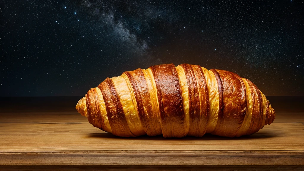 Create a hyper-realistic image of a Jabba The Hut made from a croissant, on Star Wars background.