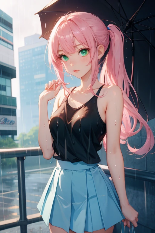 creates a 21-year-old anime girl in the rain with a wet white tank top with a short blue skirt pink hair and green eyes in an anime cityscape