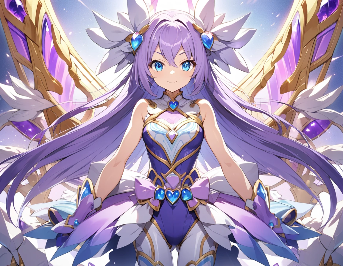 official style, cure earth, fuurin asumi, healin' good precure, very aesthetic, best quality, intricate, overall detail, 1 girl, magical girl, purple hair, blue eyes, battle costume, harp, standing, light smile, simple background, facing the front, straight-on, cowboy shot, face focus, intricate, hyper-detailed, 100-layer, amazing quality, excellent, {{{{ultra-high resolution}}}}, {{{hi-vision anime}}},