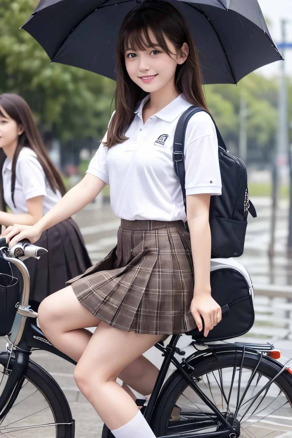 heavy rain, soaked, umbrella, long hair, looking at viewer, smile, bangs, blue eyes, multiple girls, skirt, brown hair, shirt, black hair, short sleeves, brown eyes, long hair, standing, white polo shirt, pleated skirt, open clothes, shoes, socks, striped, collared shirt, hand up, (3girls:1.3), bag, kneehighs, plaid skirt, brown footwear, flying sweatdrops, loafers, grey skirt, school bag, diagonal stripes, (ride on bicycle :1.3)