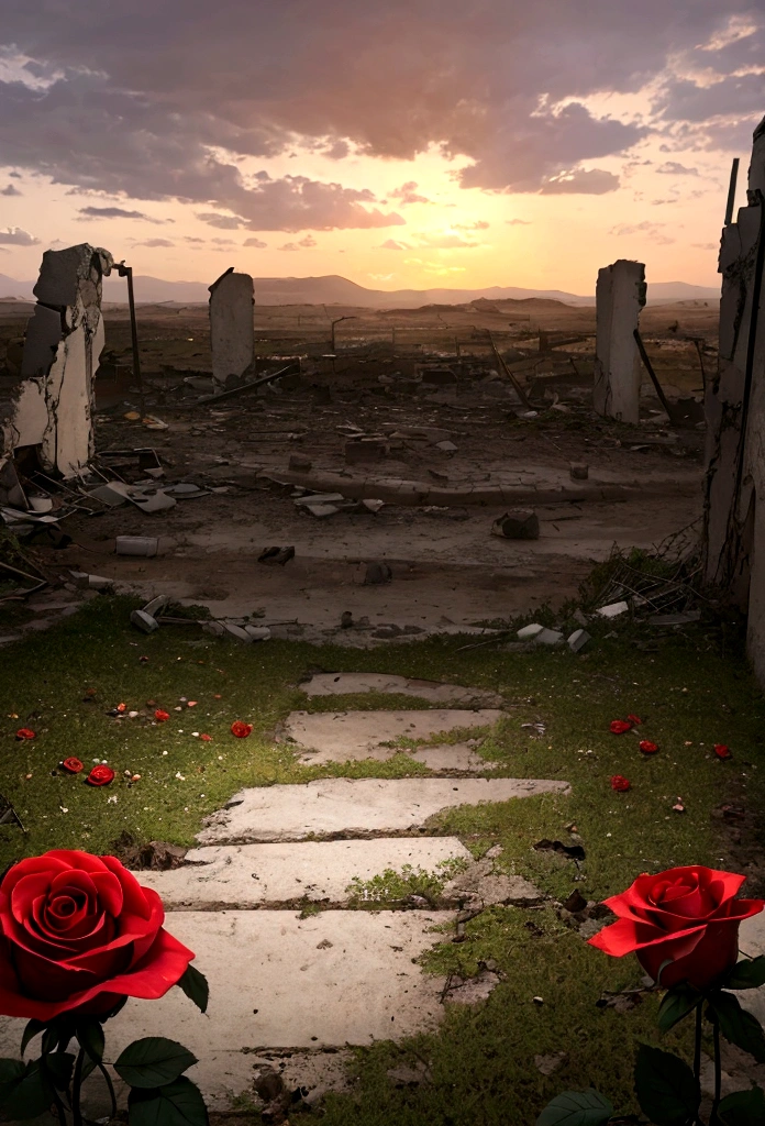 a devastated landscape, where only a rose remained alive, a small clearing stood out with its green lawn intact. ao redor, the rubble of an ancient abandoned city contrasted with the serenity and fragility of the only flower that still survived, its vibrant petals amid the desolate landscape of ruins and disorder. The setting sun cast a soft light on the scene., magnifying the lonely beauty of that lonely rose