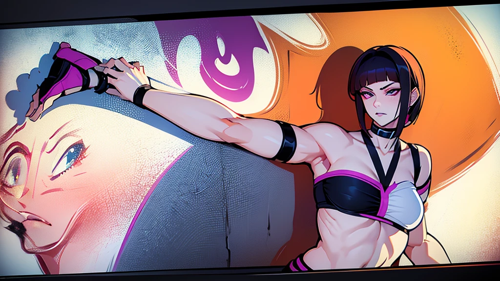 Juri Han,work of art, best qualityer, 1 girl, report, top cut, shorts jeans, choker, (graffit:1.does not splash, (hands behind the back), Against a Wall, looking a viewer, Um bracelete, thigh strap, Paint on the body, head tilt, bored, fiery hair color, Rainbow eyes,Juri Han,evil look
