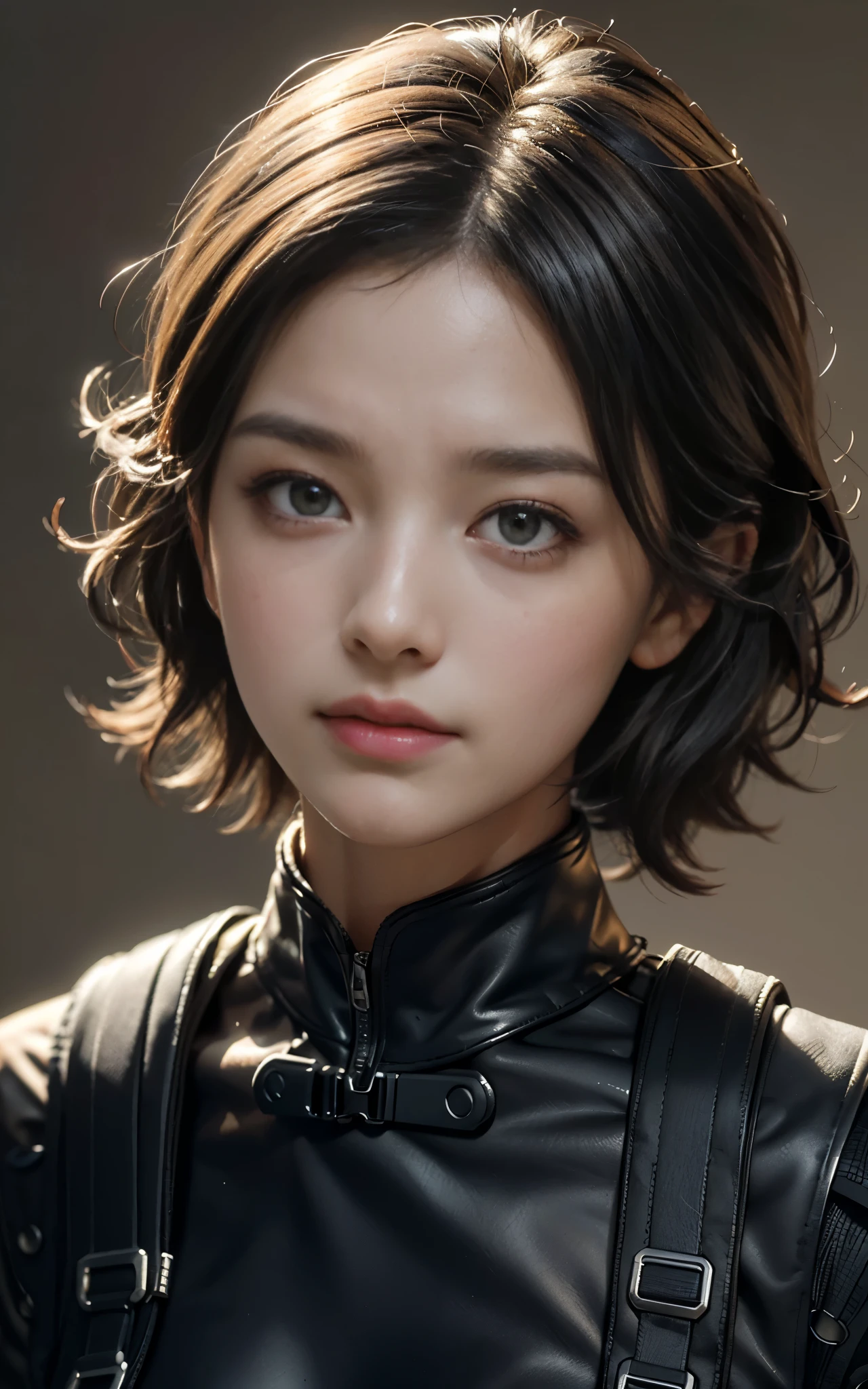 ((Best Quality, 8K, Masterpiece: 1.3, best quality)), photorealistic, photorealism, high resolution, ((face close up:1.2)), (detailed face skin, reallistic, Photorealsitic:1.37), face of 1girl , looking at the viewer, (Detailed face), short hair, (wearing dark rubber suit, tactical vests, military harness, high-tech headset), concrete wall background,