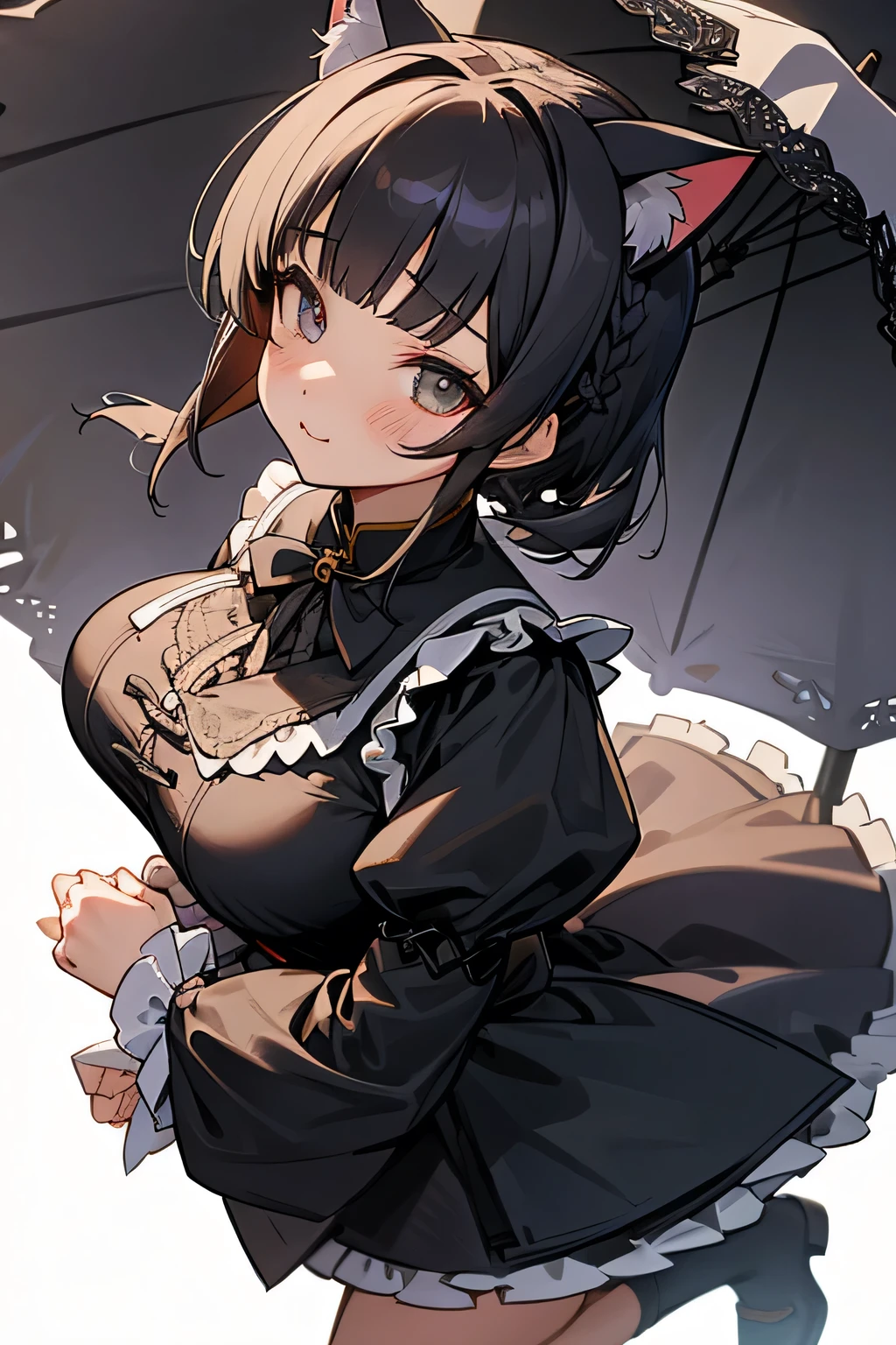 Highest quality、High resolution、Detailed Background、(Beautiful face in every detail:1.4)、Anatomically correct、(Detailed eyes:1.2)、Teenage Girl、Highly detailed face、cute hair color、Braided bob cut、Braided Ponytail、Braided twin tails、(Huge breasts:1.2)、Perfect body line、Accentuate your breasts、Accentuate your cleavage、Cute gestures、Cat ear、Cat Eyes、(cute cat paw pose:1.2)、kitten、
Dresses and skirts with frills and lace、Dark colors such as black and red、Add lace to the sleeves, hem of the skirt, neckline, etc.、Lace gloves and ribbons、Crown-shaped headdress、Cross Accessories、Black lace socks or fishnet tights、
Choose boots with lace or ribbon decorations or thick soles.、(A girl with cat ears and a kitten looking at me with big smiles:1.5)、cute