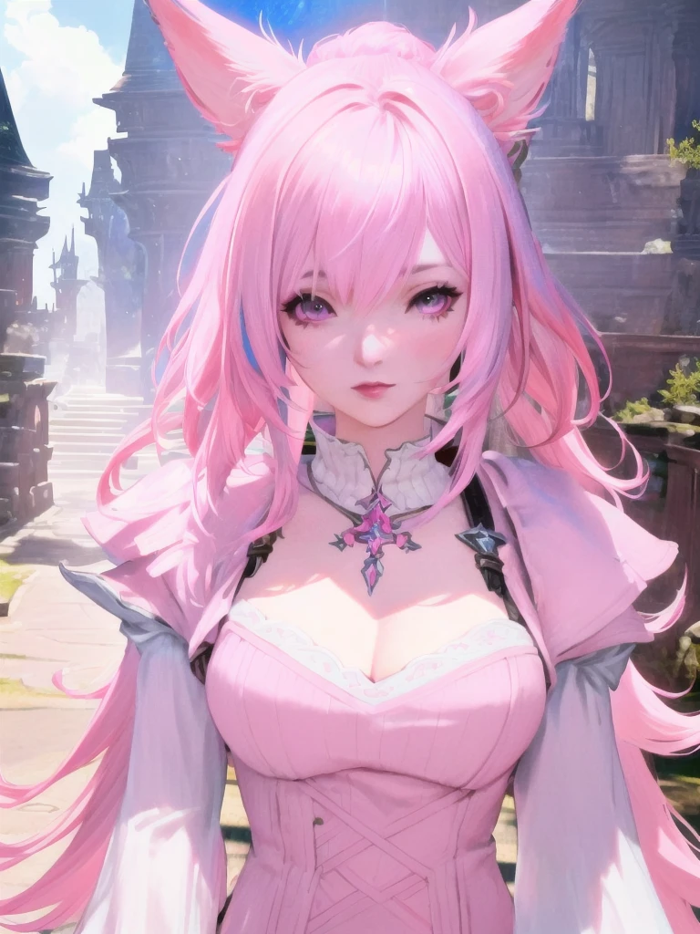 Closeup of a costumed person with pink hair, final fantasy style 14, Final Fantasy 1 4, Final Fantasy 1 4 screenshot, ffxiv cielo, Final Fantasy XIV, ffxiv, final fantasy 14 sharp, thinning pink hair, Pink hair and cyan eyes., character close up, character closeup, female character