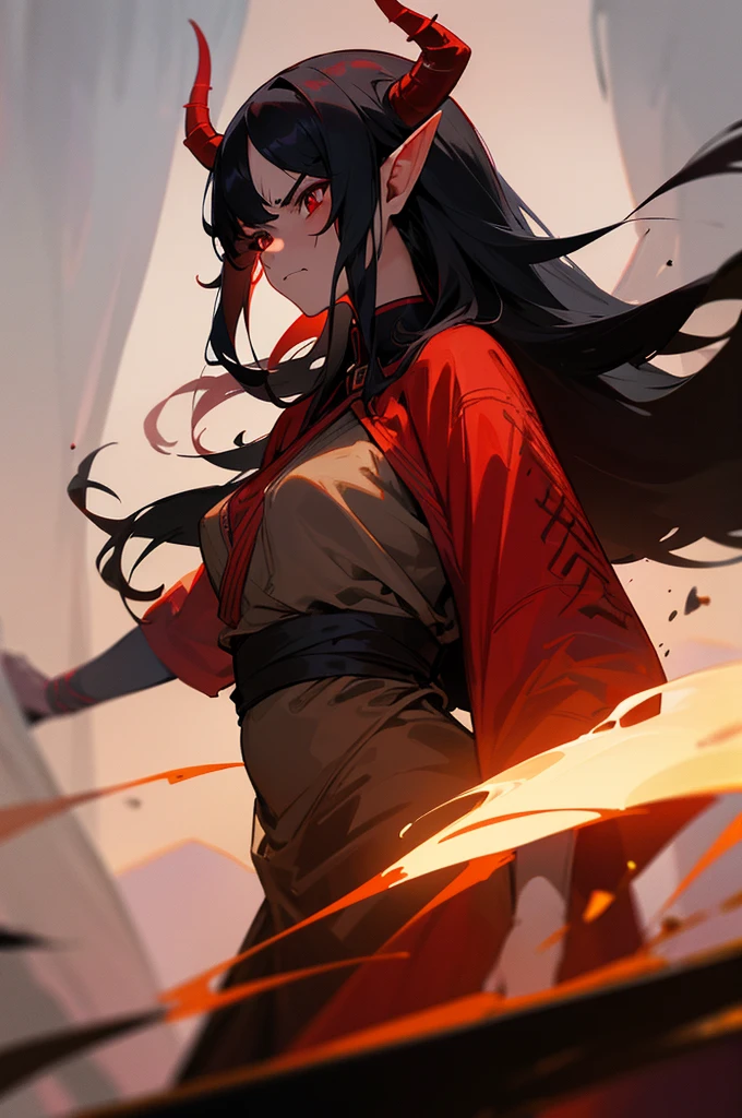 1 , Tiefling , solo, red-skinned girl, red skin, black hair, long black hair with curtain bangs, elf ears, red eyes, horns on forehead, oni horns, scowling, angry expression, dirty face, dirt on face, 8k, highdef, ultrares, high quality face, high quality