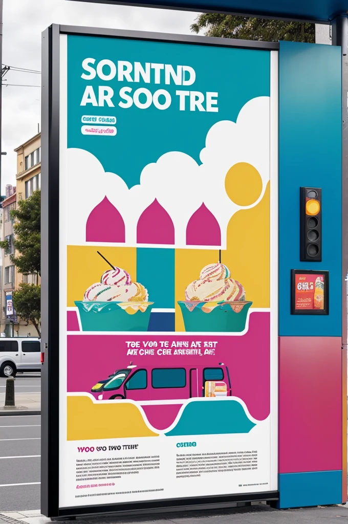 Generate an image of a bus stop. At the whereabouts, there are several advertising posters. The posters have an ice cream theme and announce a contest. Posters should be colorful and eye-catching., with images of ice creams of different flavors and styles. In the text of the posters, the contest and how to participate in it must be mentioned.