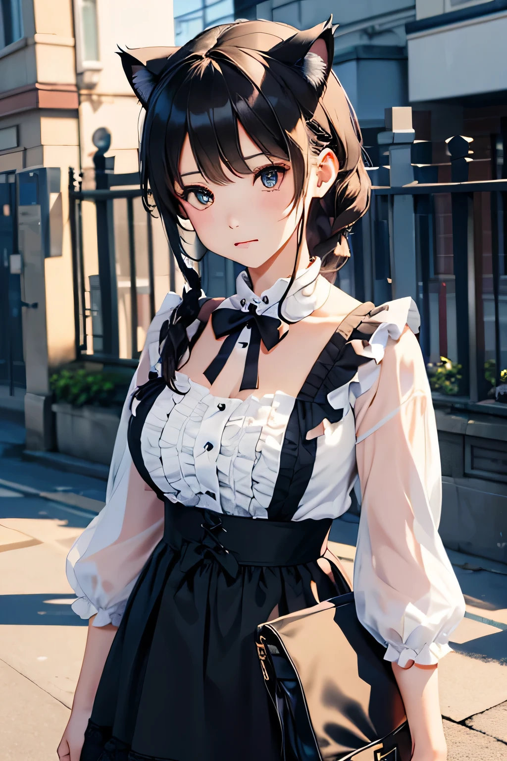 Highest quality、High resolution、Detailed Background、(Beautiful face in every detail:1.4)、Anatomically correct、(Detailed eyes:1.2)、Teenage Girl、Highly detailed face、cute hair color、Braided bob cut、Braided Ponytail、Braided twin tails、(Huge breasts:1.2)、Perfect body line、Accentuate your breasts、Accentuate your cleavage、Cute gestures、Cat ear、Cat Eyes、(cute cat paw pose:1.2)、kitten、
Dresses and skirts with frills and lace、Dark colors such as black and red、Add lace to the sleeves, hem of the skirt, neckline, etc.、Lace gloves and ribbons、Crown-shaped headdress、Cross Accessories、Black lace socks or fishnet tights、
Choose boots with lace or ribbon decorations or thick soles.、(A girl with cat ears and a kitten looking at me with big smiles:1.5)、cute