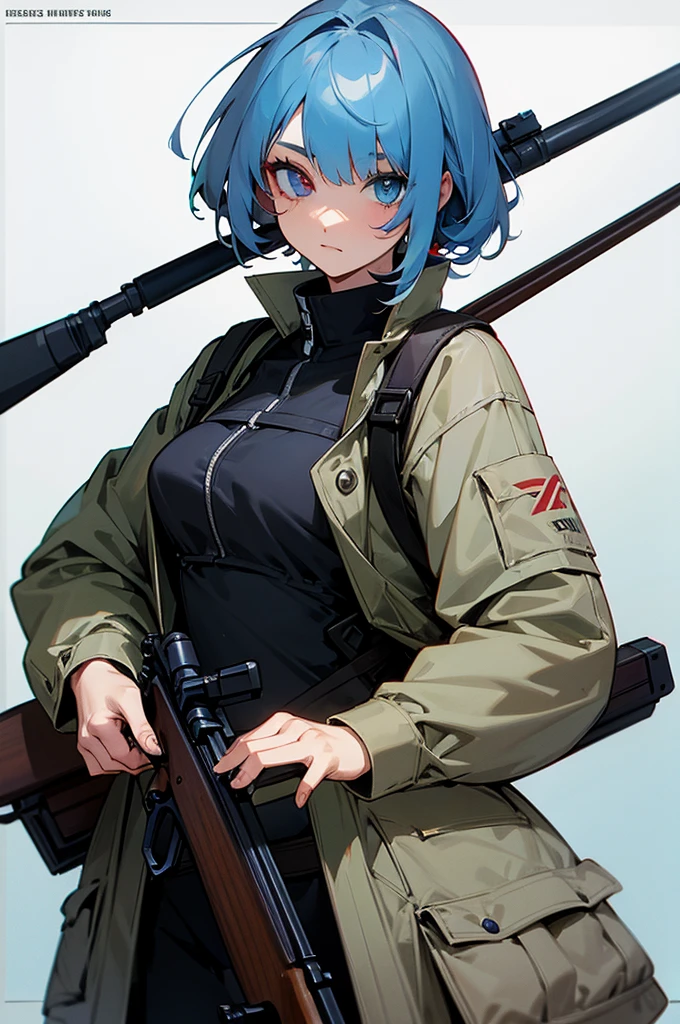 holding a long bolt action rifle over her shoulder, heterochromia, 1eye (blue), 2eye (red)