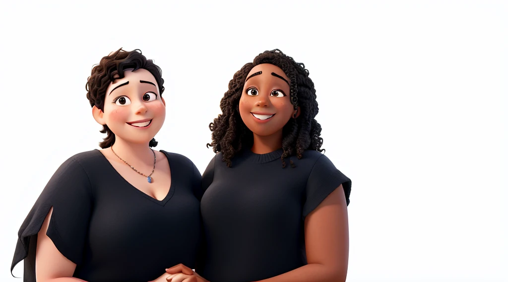 Illustrate a woman on the left with white skin, short straight black hair, smiling with closed mouth and chubby holding hands with the woman on the right with dark skin, curly hair, smiling with mouth closed. mother and daughter