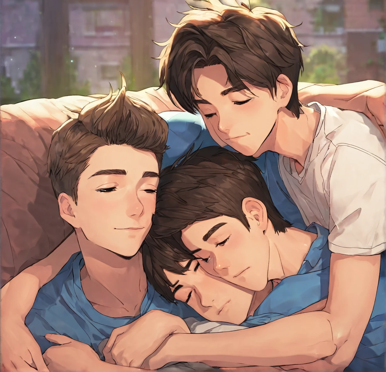 3 different cute male teenagers cuddling together
