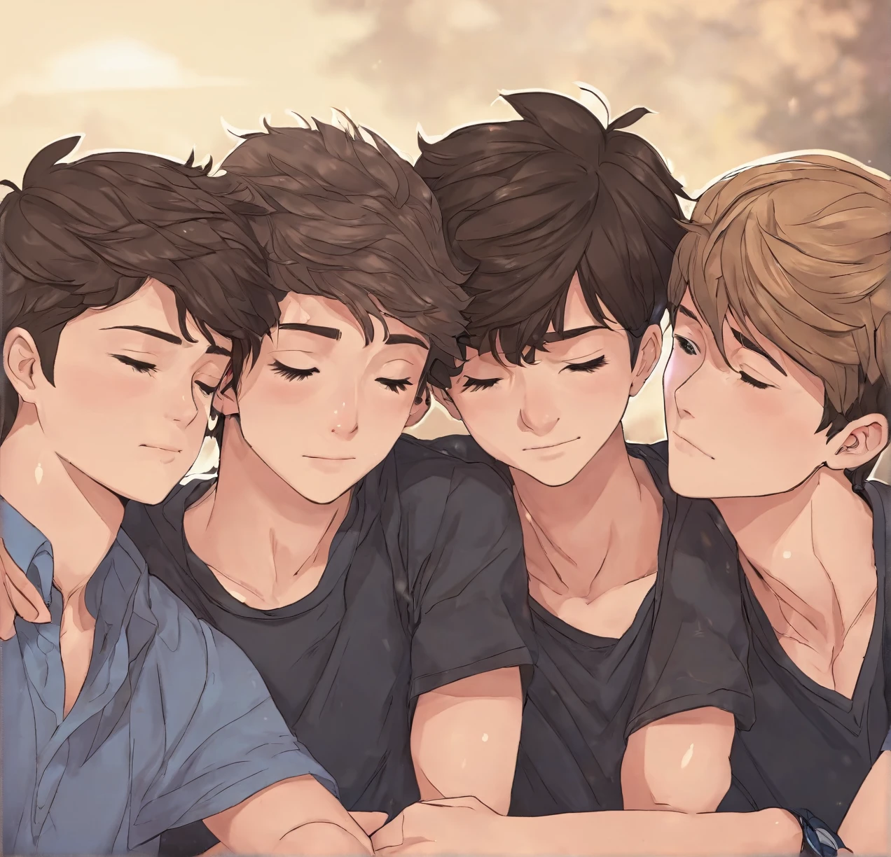 3 different cute male teenagers cuddling together