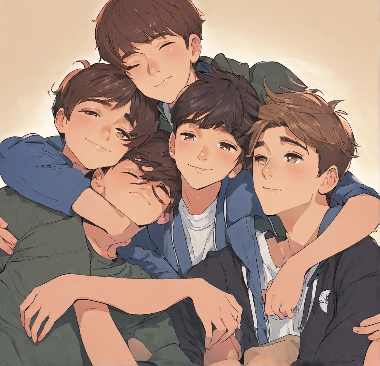 Five male teenagers cuddling and kissing