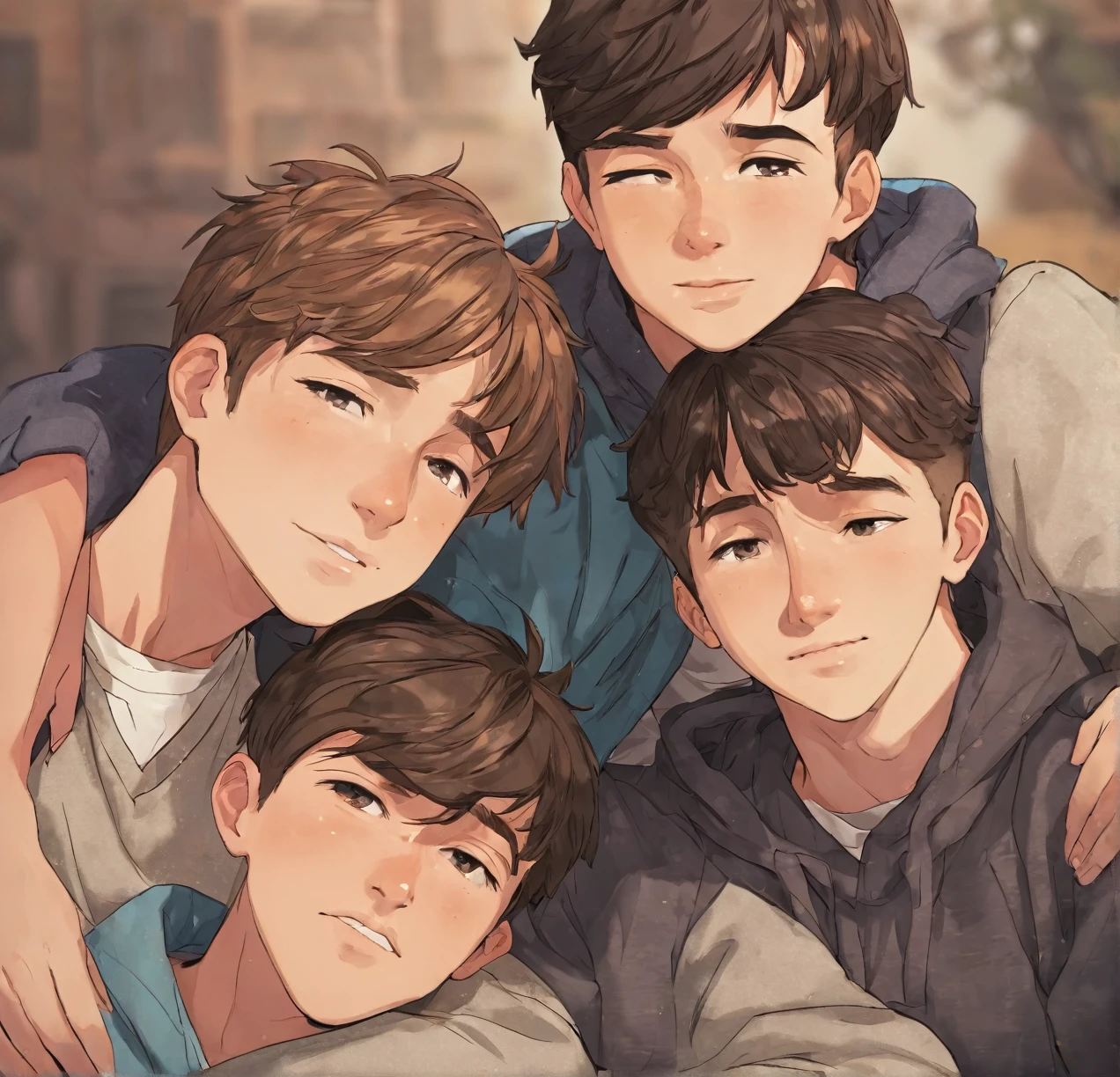 3 different cute male teenagers cuddling together