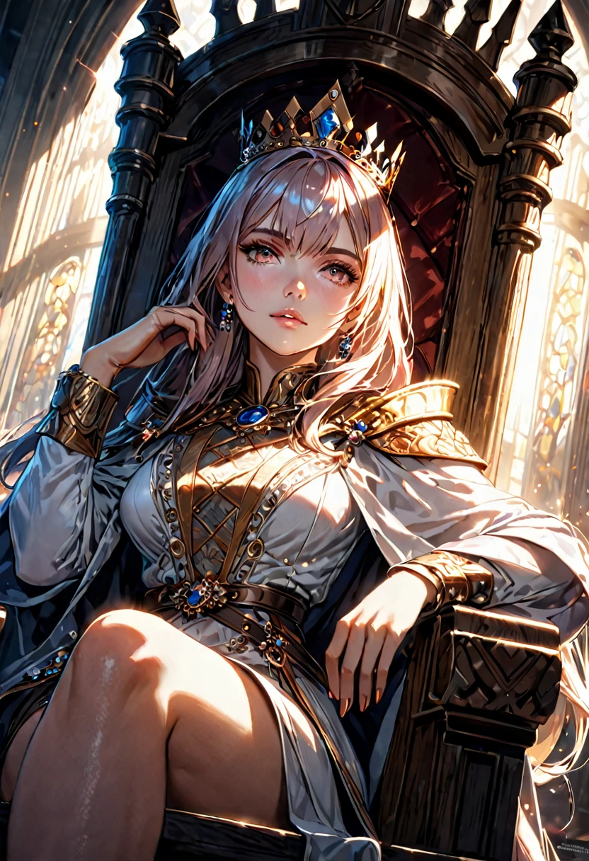 A Queen sitting on the throne, European, detailed face, dramatic lighting, cinematic angle, photorealistic, 8k, high resolution, hyper detailed, masterpiece,refiner: woman face,light beams